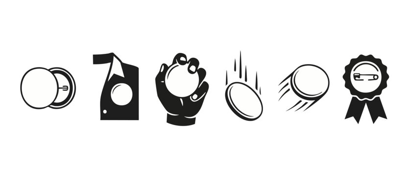 Blank Button Pin Icon Set, Round Badge Pins Collection, Metal Brooch Vector Symbols for Clothing and Promotion, Flat Minimalist Design Elements for Marketing Campaigns and Custom Identity Branding