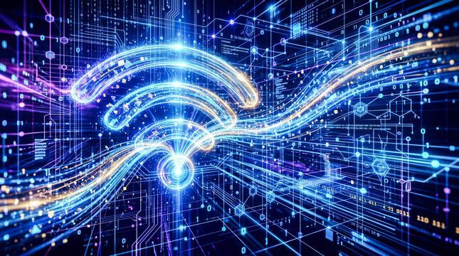 high speed internet wifi icon made of glowing golden blue light trails moving through complex digital fiber optic network modern telecommunication technology background data