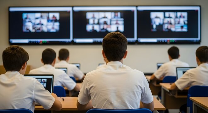 Students in a classroom participating in modern hybrid learning, viewing virtual classmates on large monitors for interactive digital education
