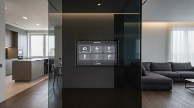 Smart home control panel touch screen wall modern dark interior kitchen living room lighting climate security music automation technology house management digital system intelligent