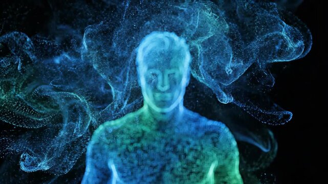 A translucent blue human figure with tendrils of smoke or gas emanating from body against black background