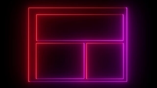 Glowing neon light display in a blank gallery frame on a wall in a modern room interior black background 4k video.