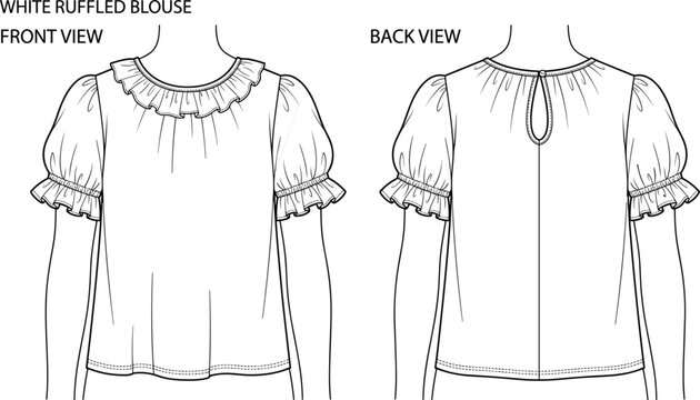 Professional Technical Fashion Flat Sketch of Women's White Ruffled Blouse with Puff Sleeves Featuring Front and Back Views for Apparel Design and Tech Pack Templates