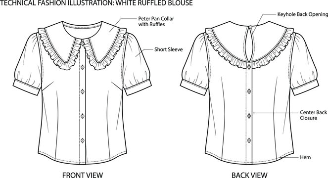Technical Fashion Flat Sketch of Women White Ruffled Blouse Featuring Peter Pan Collar, Short Sleeves, and Keyhole Back Opening for Apparel Design and Manufacturing