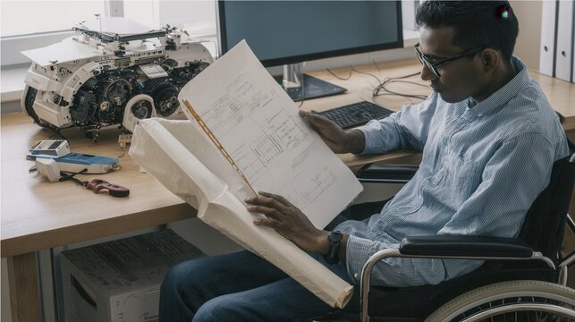 Engineer in wheelchair reviewing technical drawings and measurements at a modern workspace with advanced equipment in the background