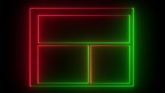 Glowing neon red and green  light display in a blank gallery frame on a wall in a modern room interior black background 4k video.