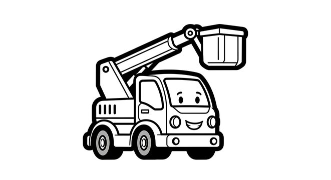 Smiling cartoon cherry picker truck.