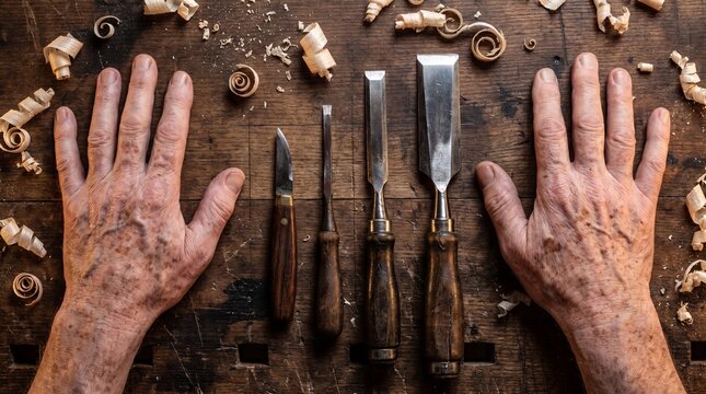 elderly hands woodworking tools flat lay chisels marking knife wood shavings workbench craftsman heritage close up texture artisan workshop 4K