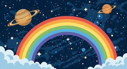 Naklejka premium Vibrant Rainbow Arching Over Cosmic Expanse With Saturn And Stars