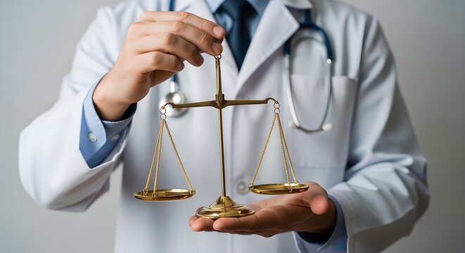 Healthcare professional in white coat holding golden scales, symbolizing the important balance of medical ethics, law, and responsibility