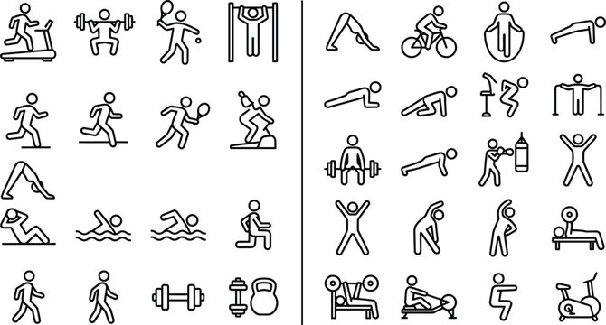 Black Line Fitness and Sports Activity Icons with Gym Exercises, Athletic Training, and Healthy Lifestyle Symbol Design
