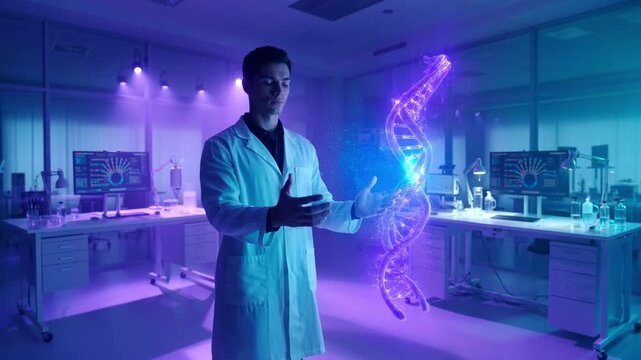 Vision of Genomics: A scientist in a modern laboratory stands before a glowing holographic representation of a DNA helix, exploring the wonders of genetic information with cutting-edge technology.