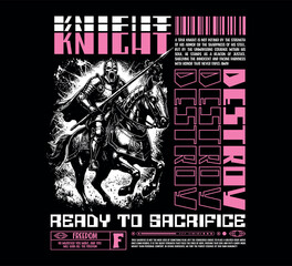 Knight slogan typography with distorted knight riding a horse for fashion graphics, streetwear, hoodie, t-shirt prints, and more © Royalika