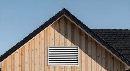 Fototapeta premium Modern House Gable With Wooden Siding and Ventilation Grille Under Clear Sky