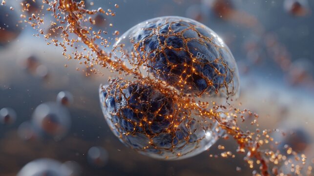 Cell division occurs as biological structures replicate and connect through glowing neural-like networks.