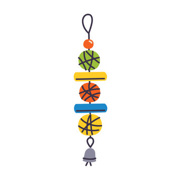 Colorful parrot toy hanging with beads and bell, flat cartoon pet bird accessory. Budgie and parakeet cage decoration, cute dangling bird toy vector illustration