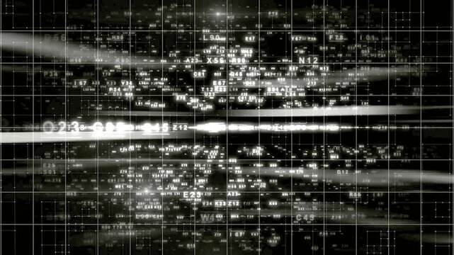 Seamless Loop of Financial Statistics and Matrix Coding Streams Moving Through a Dark Virtual Network Space for Information Technology Concept.
