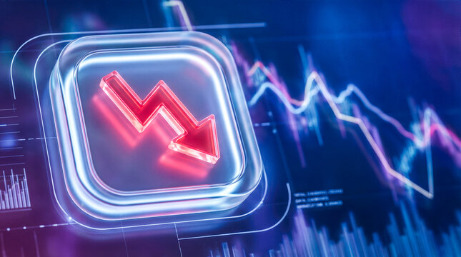 glowing red downward zigzag arrow glass square button blurred financial stock market graph chart background economic crisis bankruptcy falling prices investment loss concept
