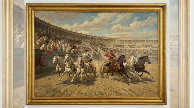 classic historical oil painting ancient roman empire chariot race colosseum horses running traditional artwork antique museum exhibition gallery vintage aesthetic style