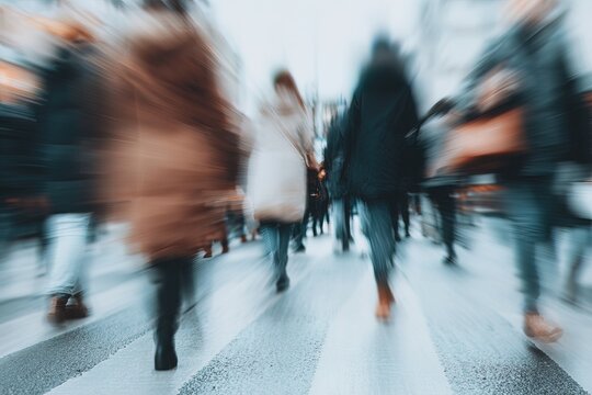 Many people are crossing the street in an urban area. They move quickly in different directions. The sky is overcast. Cars and buildings are in the background