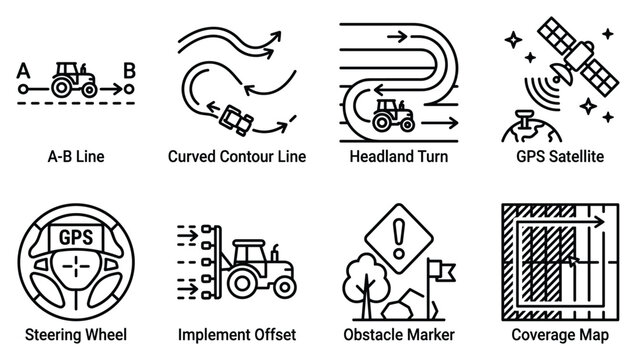 Agricultural technology icons showing tractor guidance and field mapping for modern farming.
