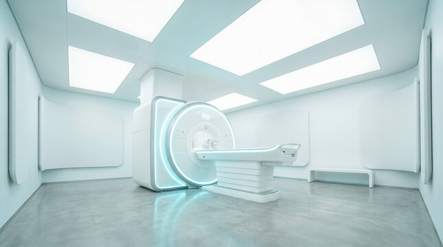 Modern white magnetic resonance imaging scanner room advanced hospital medical clinic diagnostic laboratory healthcare technology equipment interior empty futuristic radiology architecture render
