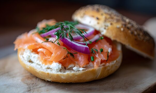 bagle with lox side view closeup