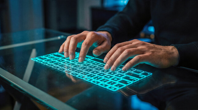 Hacker programmer typing futuristic glowing blue virtual keyboard glass desk dark room working cyber security coding software development advanced digital interface