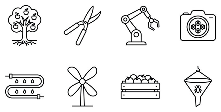 Assortment of agricultural and industrial icons showing fruit tree pruning robot and irrigation system.