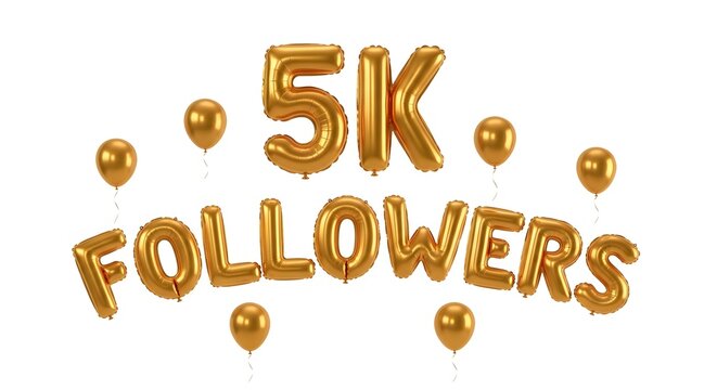 Celebratory 5k followers milestone with gold balloons and text