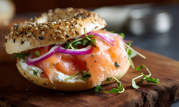 bagle with lox side view closeup