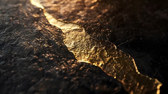 Golden light on a dark rocky surface with a rough texture and cracks