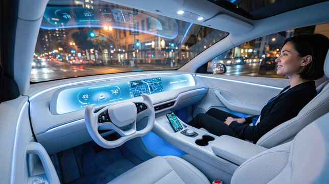 Woman passenger sitting modern autonomous car interior futuristic digital dashboard display screen smart vehicle advanced driving technology night city street background
