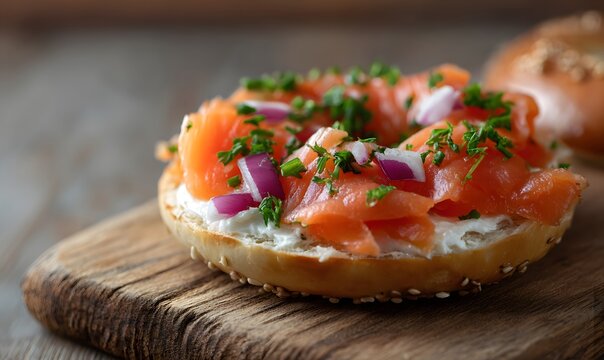 bagle with lox side view closeup