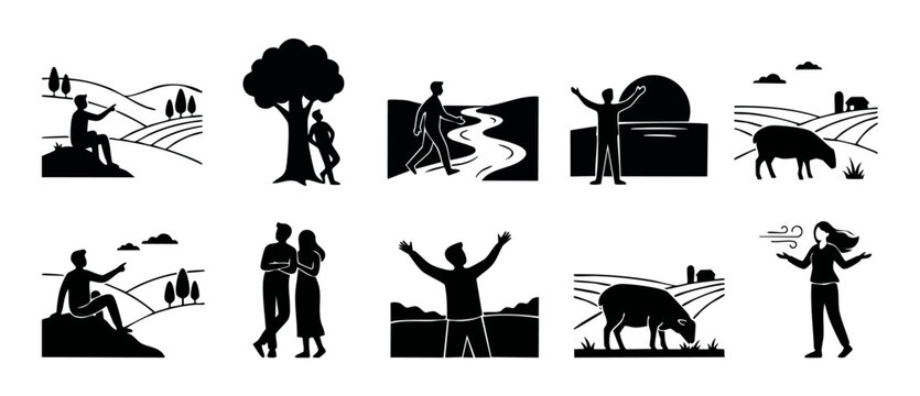 People in Nature Silhouette Icons Set, Outdoor Lifestyle Activities and Peaceful Scenery Concepts, Minimalist Vector Collection for Travel, Wellness, Rural Farm Life and Mindful Living Designs Illustr