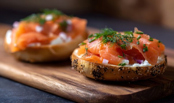 bagle with lox side view closeup