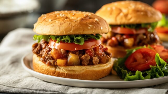 Closeup vegetarian sloppy joes sandwich with tomato and lettuce on a sesame bun for menu background and food banner design