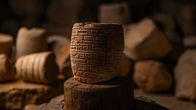 Cylindrical clay tablet standing on wooden pedestal in museum