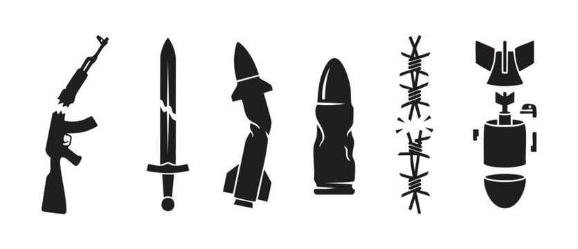 Broken Weapons Icons Set, Damaged Military Gear and Peace Concept Silhouette Symbols. Anti-war illustration featuring shattered firearms, blade, missile, bullet, barbed wire, and deactivated bomb desi