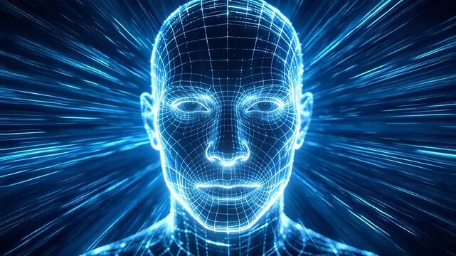 Blue holographic human face model constructed with glowing polygonal mesh lines
