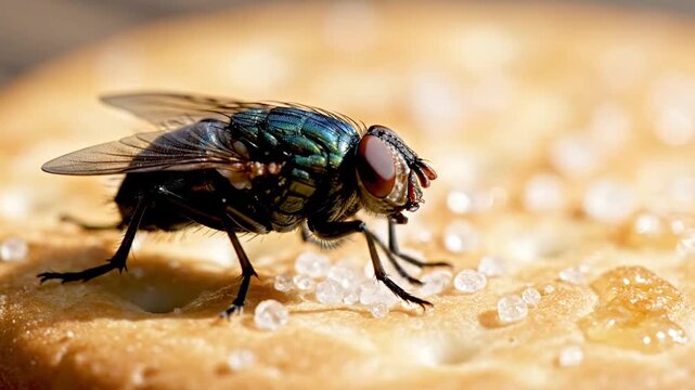Macro shot of a fly on a sugary biscuit with sugar crystals, insect on food, hygiene and bacteria risks.
