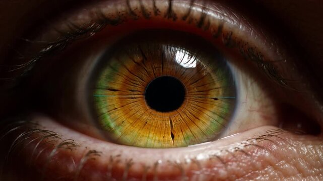 Intense Gaze: A captivating close-up of a human eye, revealing intricate details of the iris with captivating colors. 