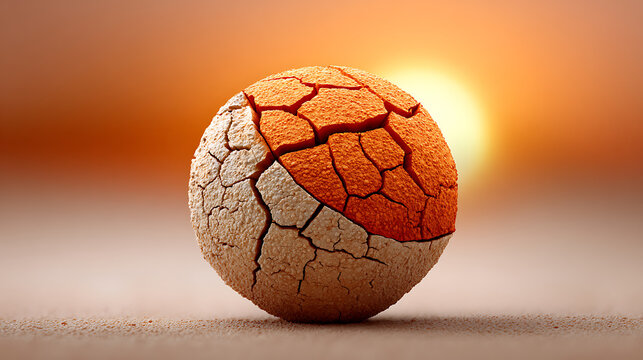 Illustration of blazing sun over cracked desert land represents prolonged drought and desertification caused by climate change.