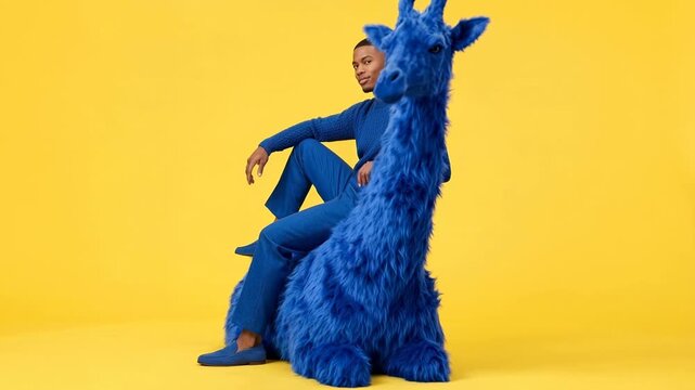 Man in blue outfit sits with a vibrant blue plush giraffe on yellow background. A stylishly dressed man in a matching blue outfit poses with a large, fluffy blue giraffe