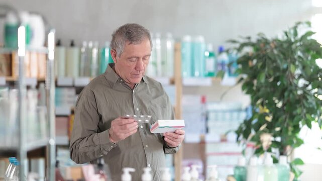 Elderly man from Europe came to the pharmacy and chooses pills. Pensioner buys headache pills
