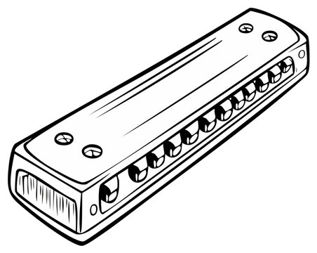 Black and white cartoon illustration of a harmonica