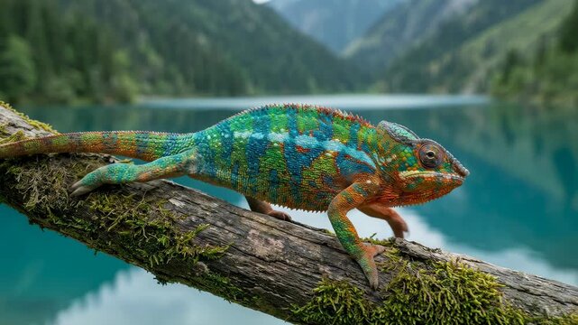 Close-up vibrant chameleon skin, exotic lizard slowly walking on branch, green mountain hills behind, 4K video