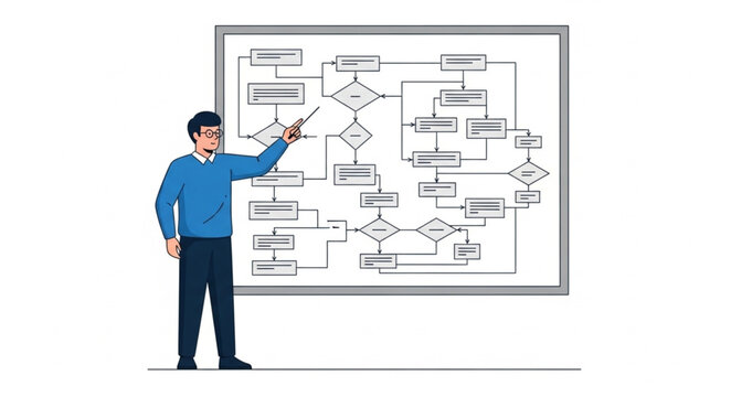 Man pointing at a complex flowchart on a whiteboard.