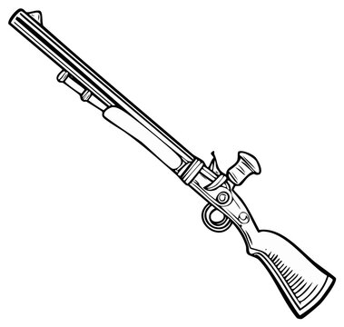 Black and white illustration of antique rifle isolated on white background.