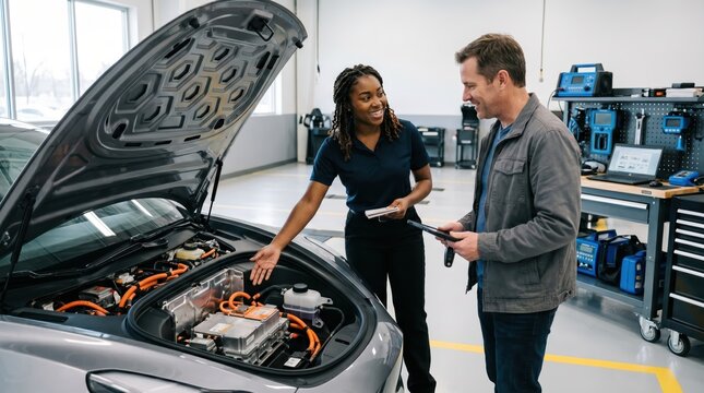 Technician explaining electric car components to customer in garage
